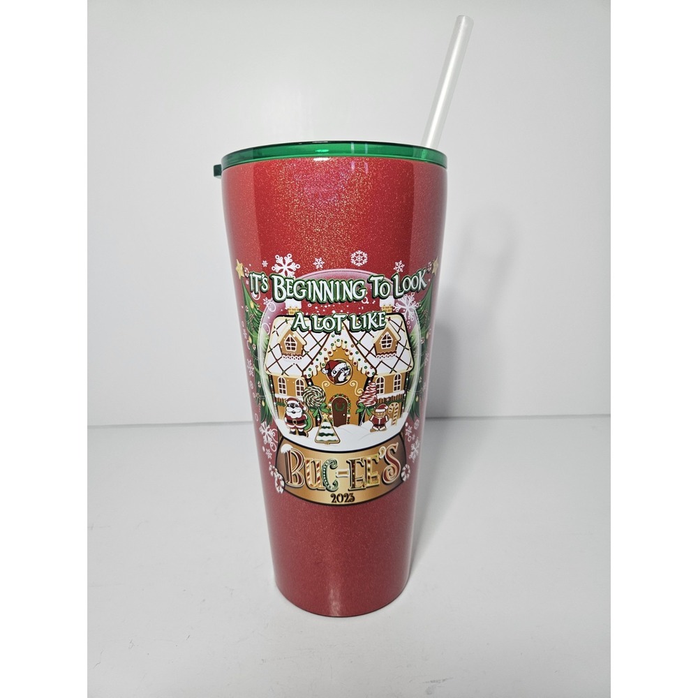 Buc-ees 2023 Christmas Tumbler Red Glitter Gingerbread Travel Mug 32oz Yukon
